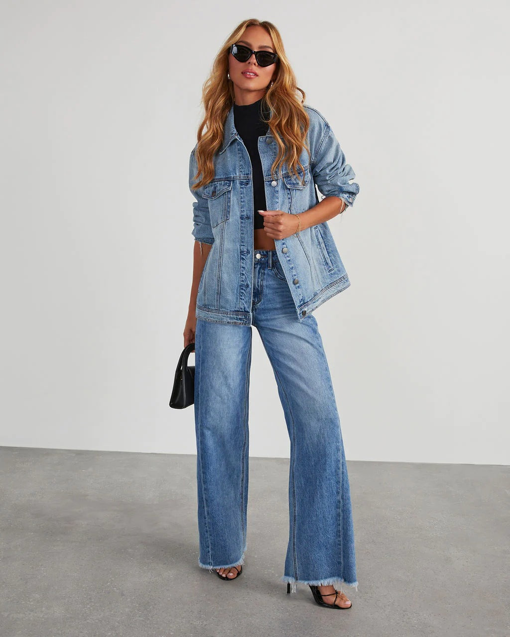 Loose Wide Leg Side Seam Stitching Frayed Hem Jeans Women - ALZO