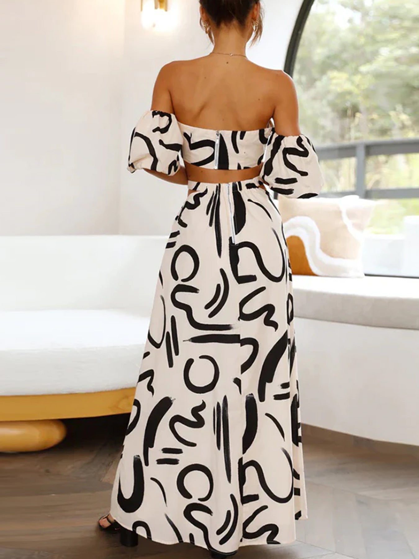 Women Summer Puff Sleeve Top Hollow Out Cutout out Large Swing Dress Split Skirt Set - ALZO