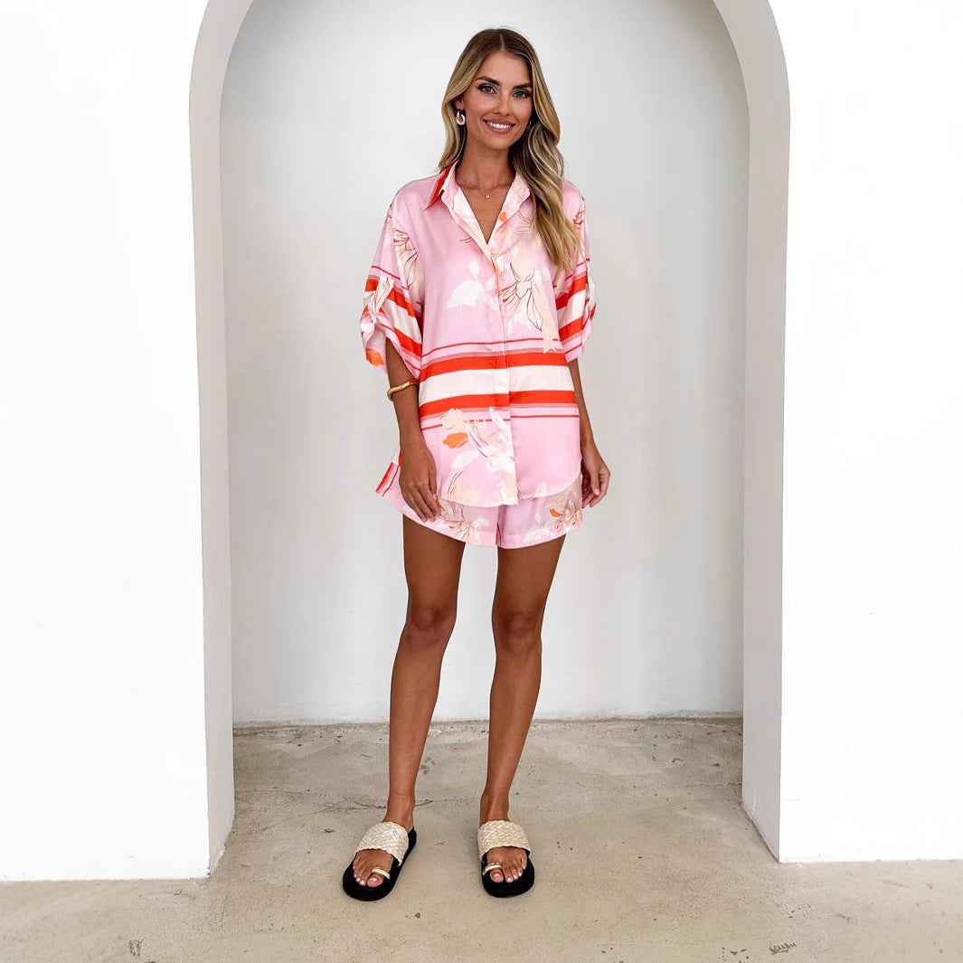 Summer Ladies Homewear Casual Printing Cardigan Shirt Shorts Two Piece Sets