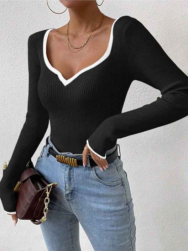 Spring Autumn Hemming V neck Sweater Women Clothing Vertical Pattern Sunken Stripe Slim Fit Slimming Bottoming Shirt