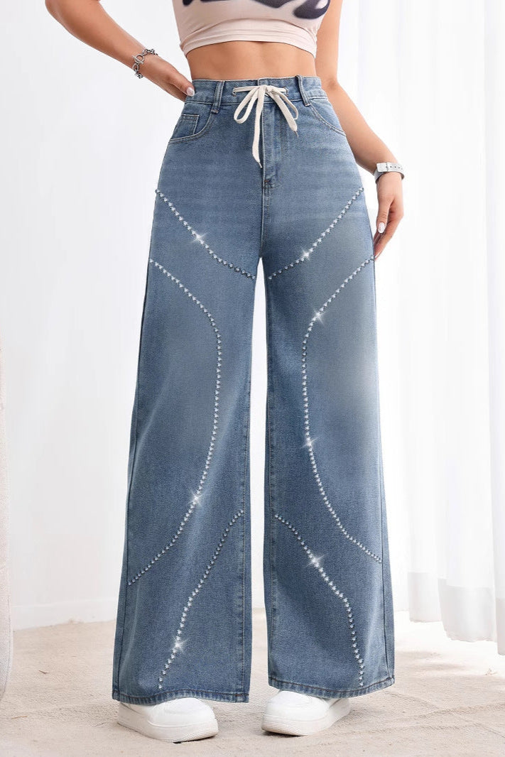 Rhinestone Beaded Heavy Industry Street Sexy High Waist Straight Leg Denim Trousers Jeans - ALZO