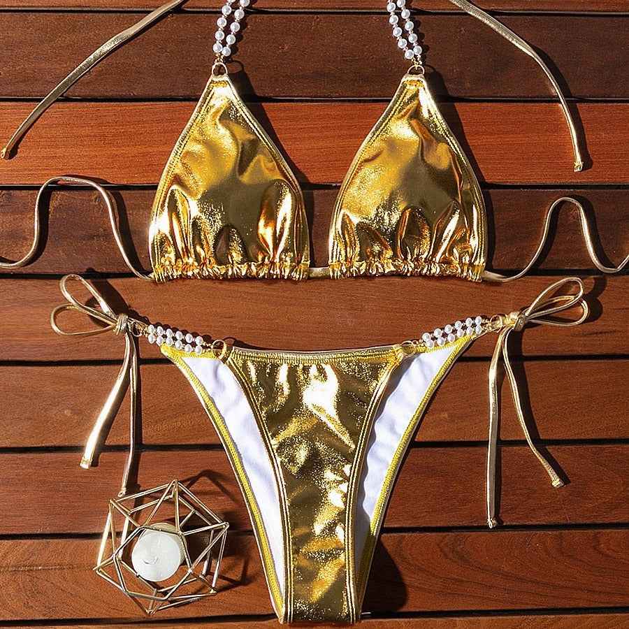 Swimsuit Women Sexy Backless Halter Lace up Bikini Golden Swimsuit