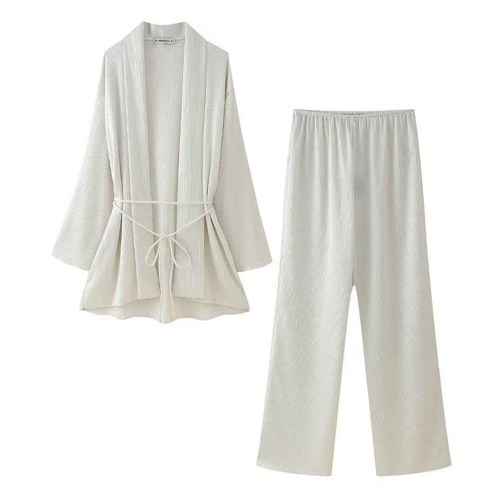 Women Clothing Two Piece Sets Loose Lace up Lead Peplum Top Wide Leg Trousers