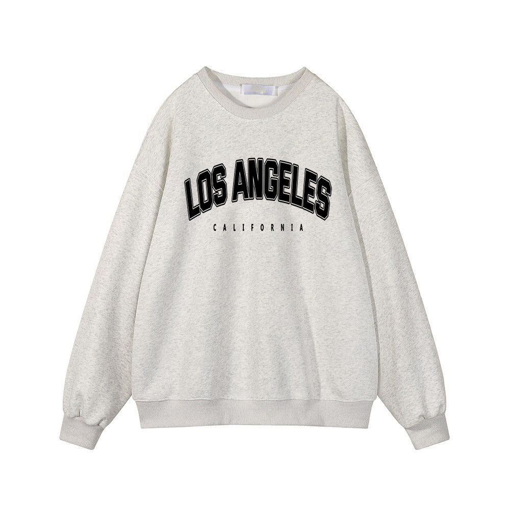 Autumn Winter Printed Loose Sweatshirt Retro Letter Graphic Pattern Fleece lined Long Sleeve Top - ALZO