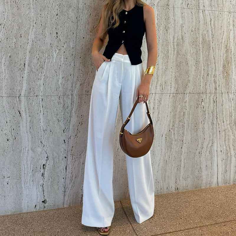 Spring Summer Ladies All Match Solid Color Loose Wide Leg Straight Trousers