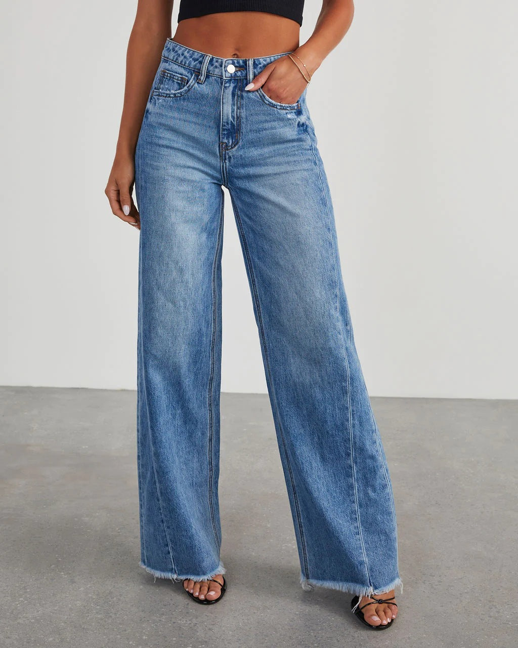 Loose Wide Leg Side Seam Stitching Frayed Hem Jeans Women - ALZO