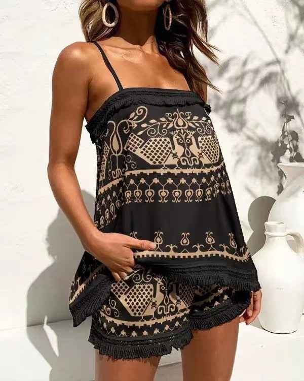 Summer Women Clothing Printed Sexy Sling Tassel Set