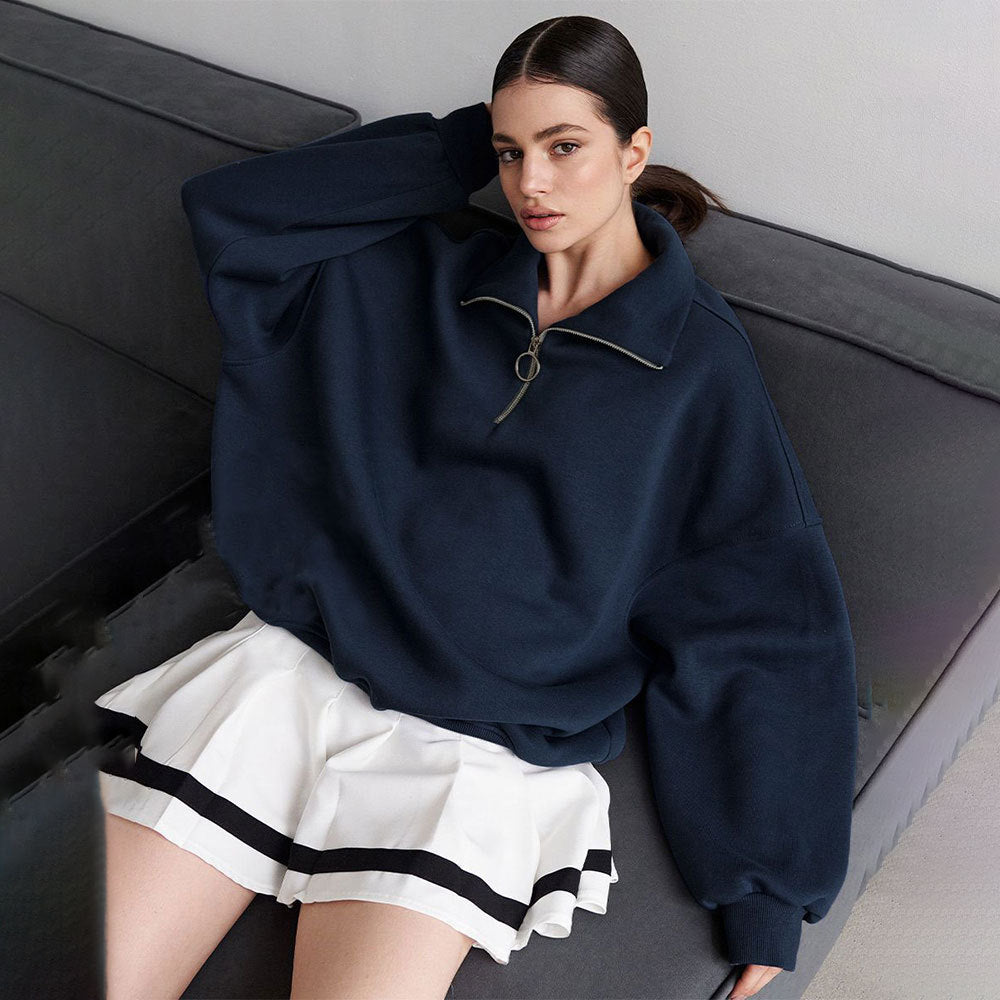 Collared Sweatshirt Autumn Winter Women Unisex Street Loose Lapels Zipper Sweatshirt - ALZO