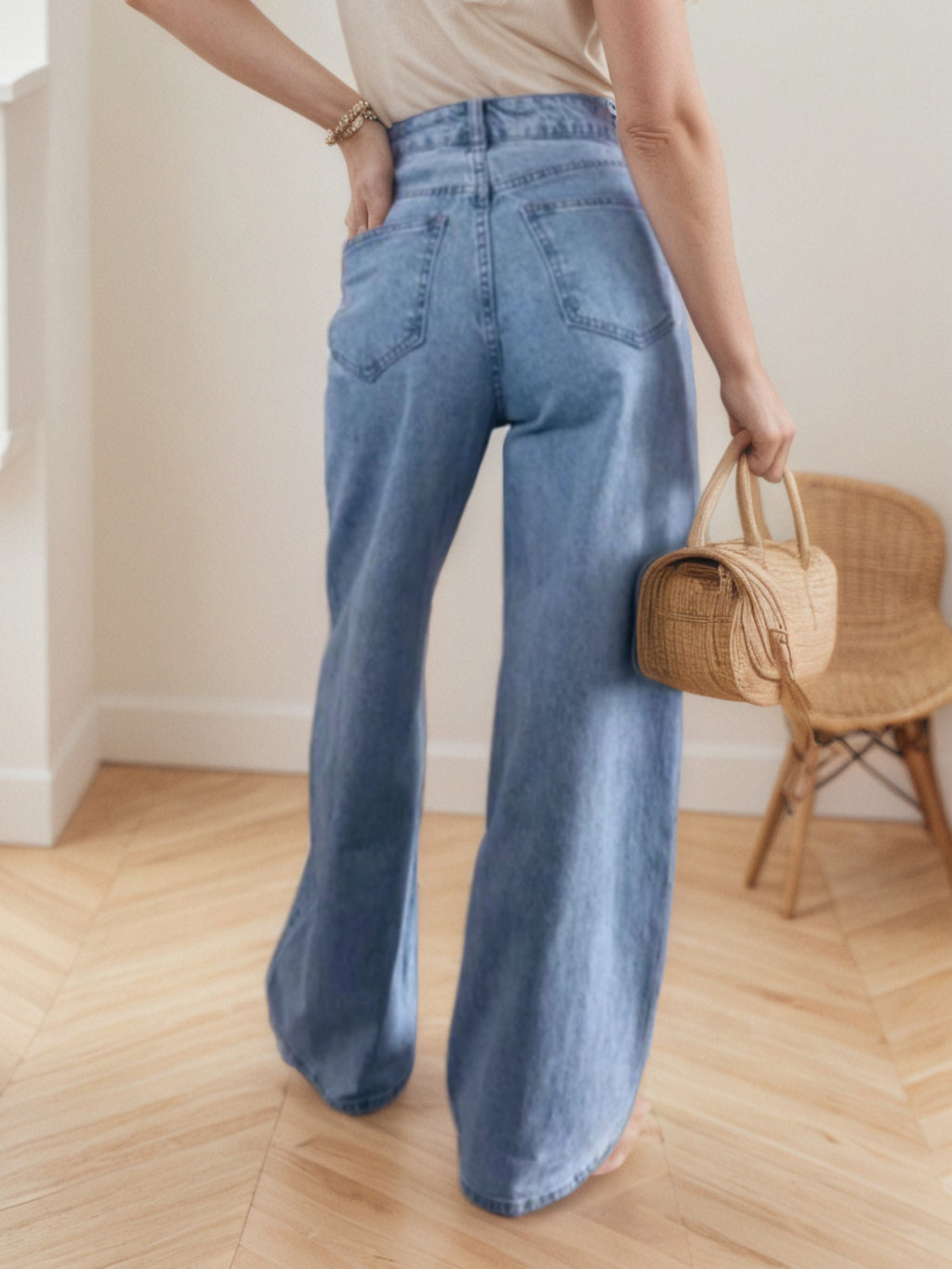Nostalgic Light Color Stretch High Waist Loose Retro Wide Leg Denim Trousers - ALZO
