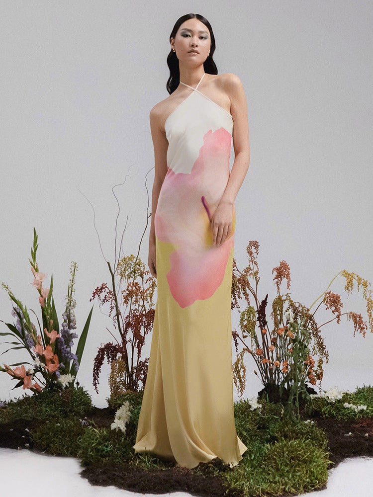 Women Clothing Halter Bare Back A line Loose Printed Dress - ALZO