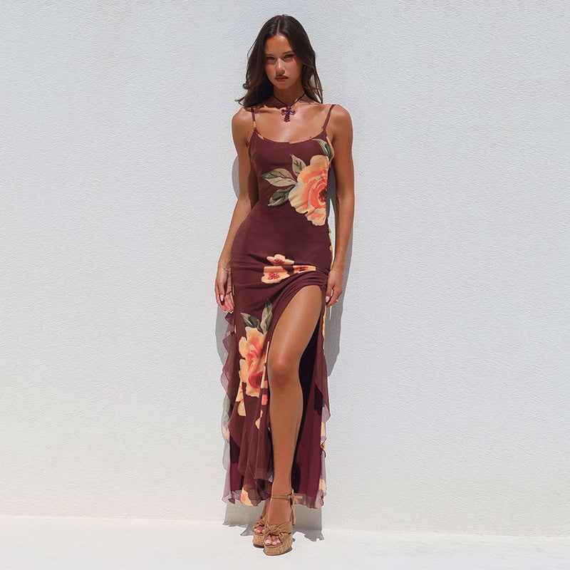 Sexy Long Women Floral Mesh Ribbon Slit Sheath Suspender Dress