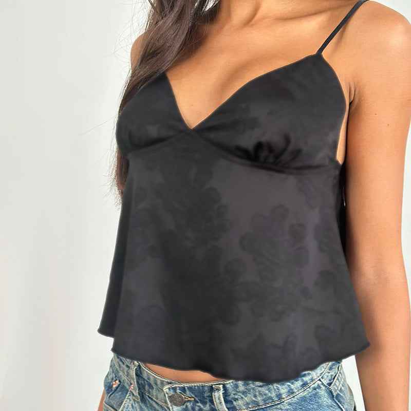 Satin Jacquard Sling Summer V neck Loose Top Women