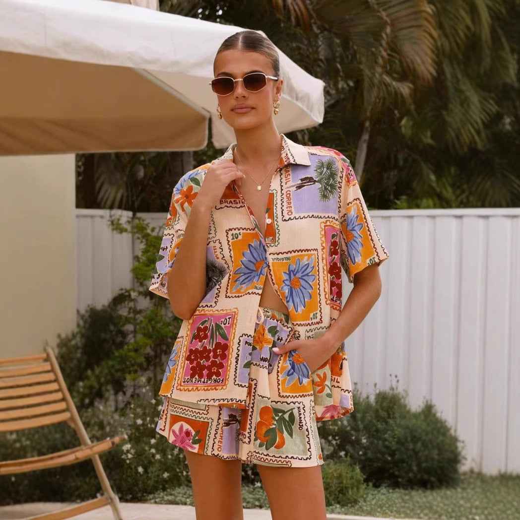 Summer Holiday Casual Shirt Shorts Two Piece Sets
