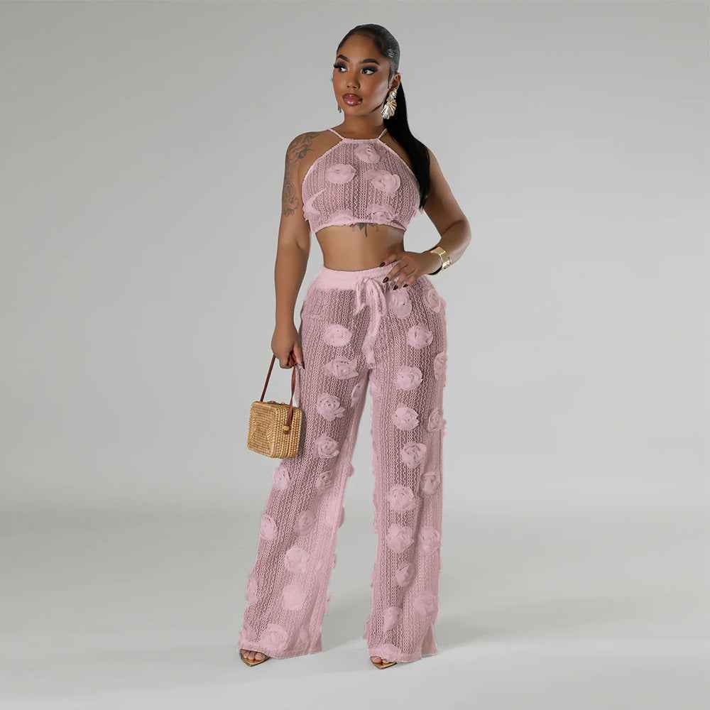 Knotted Short Top with Loose Slim Trousers Solid Color See through Two Piece Set for Women