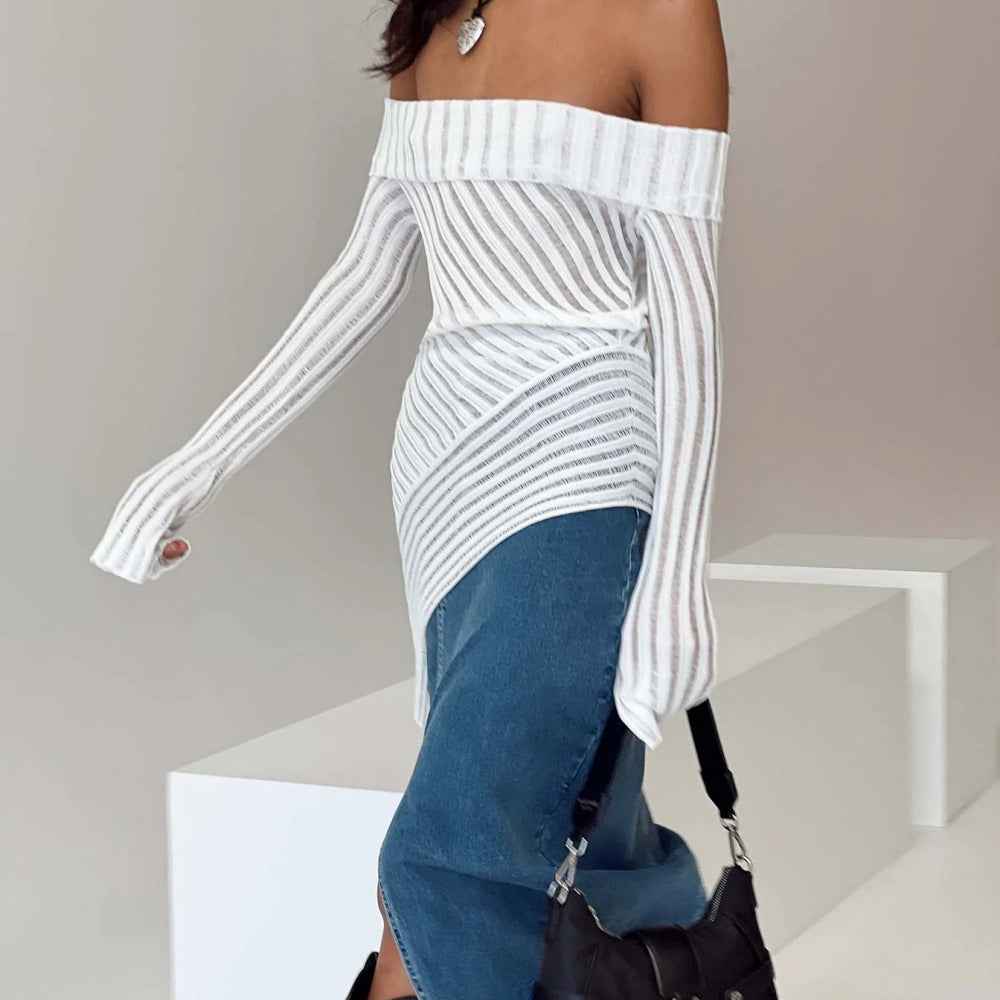 Fall French off the Shoulder Long Sleeve Design Knitted Woolen Slim Fit Outerwear Top Women