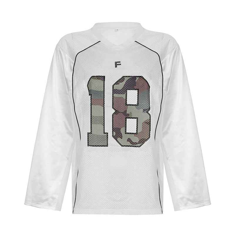 Street Numbers Camouflage Print Contrast Color V neck Loose T shirt Trendy Ball Uniform Casual Top
