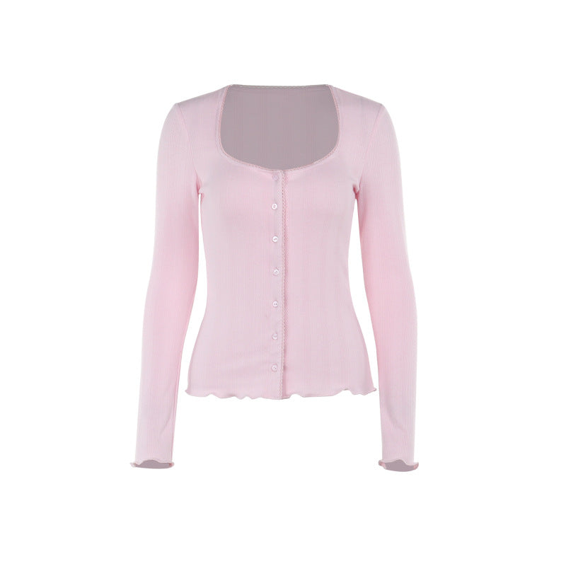 Retro Simple Casual All Match Square Collar Top Women Comfortable Solid Color Button Cardigan Long Sleeve - ALZO