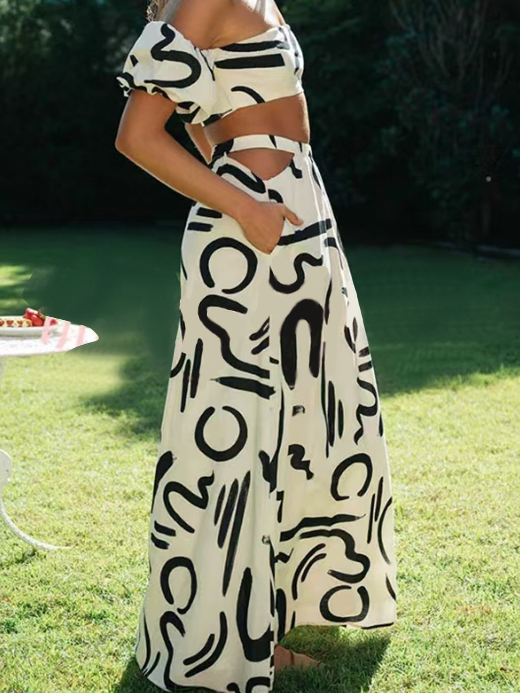 Women Summer Puff Sleeve Top Hollow Out Cutout out Large Swing Dress Split Skirt Set - ALZO