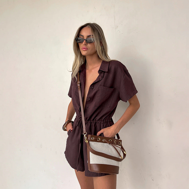 Shirt Collar Solid Color Waist Tight Short Sleeve Romper for Women Casual - ALZO