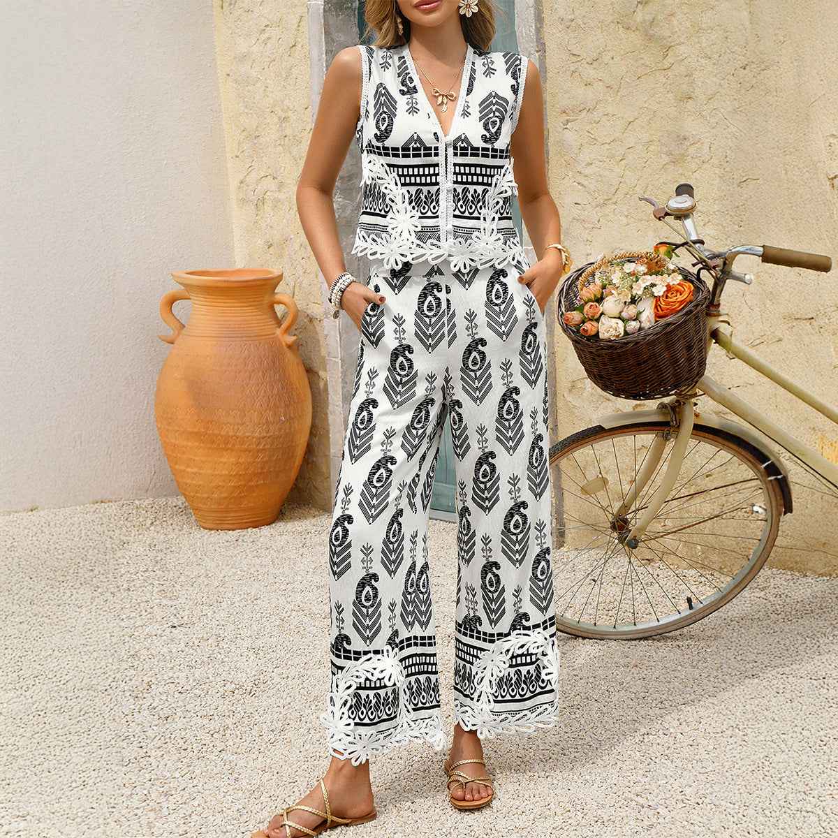 Spring Summer Casual Vacation Bohemian Print Contrast Color Waistcoat Top Long Pants Set Women Clothing