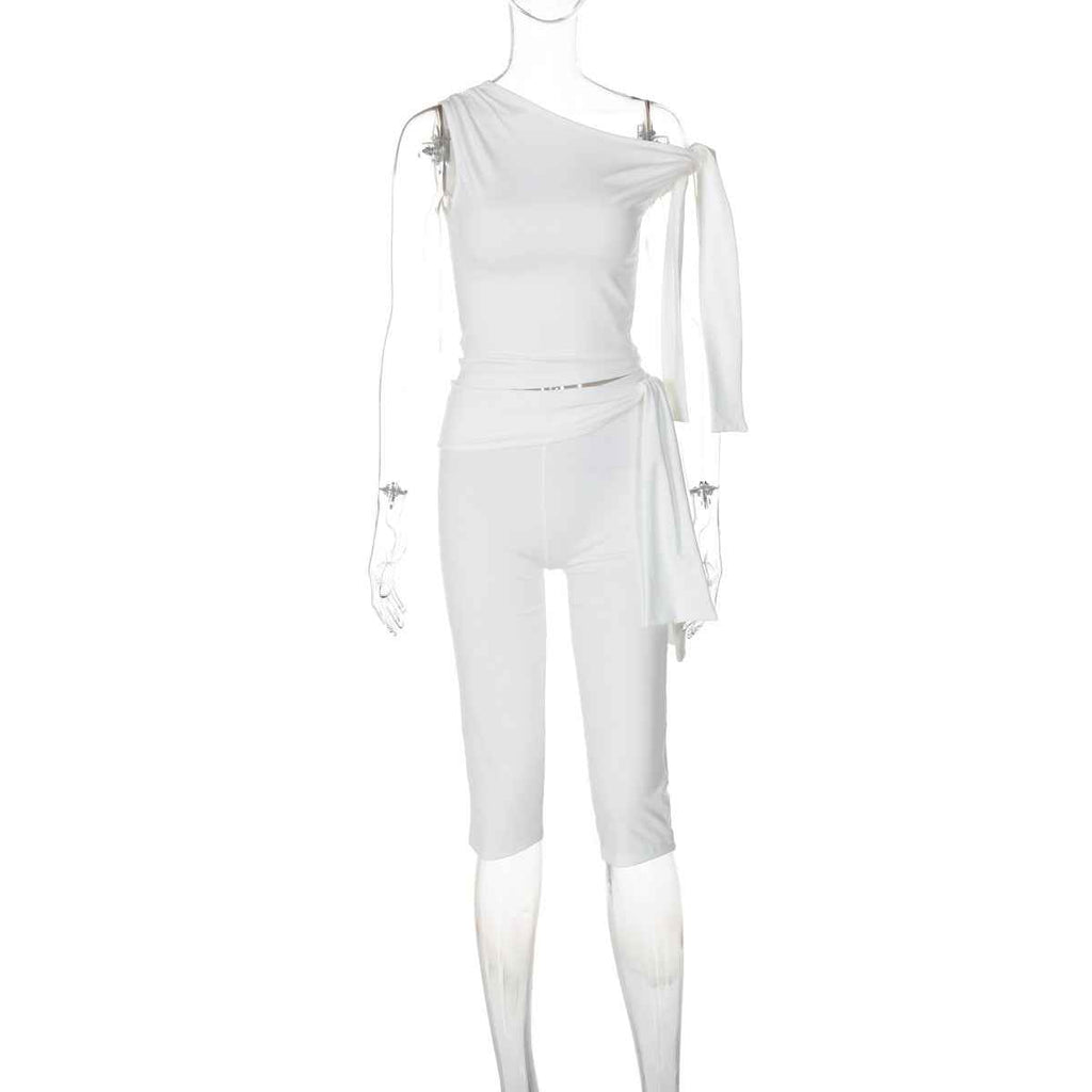 Women Clothing Summer Street Shooting Diagonal Collar Sleeveless Top Slim Fit Tied Shorts Suit