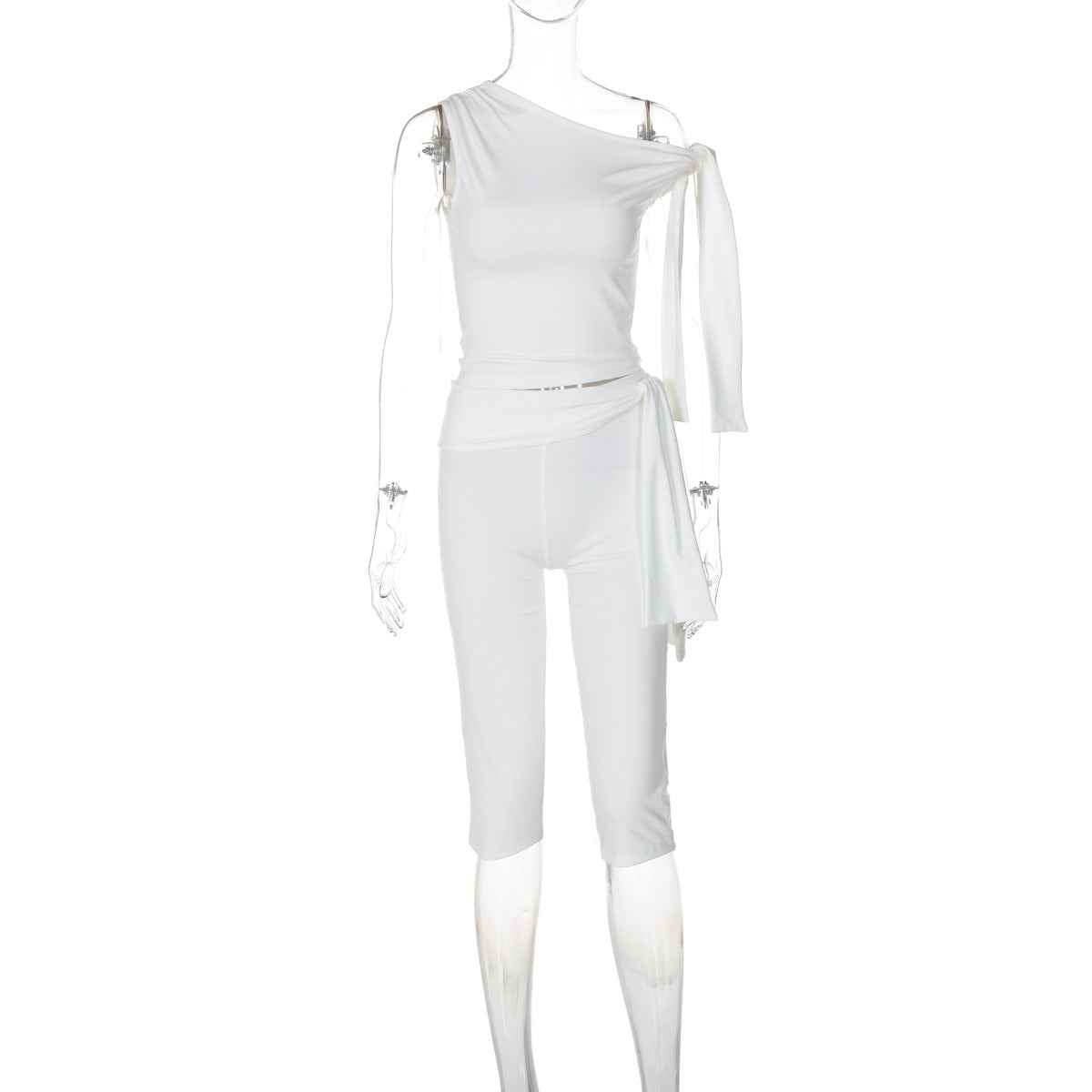 Women Clothing Summer Street Shooting Diagonal Collar Sleeveless Top Slim Fit Tied Shorts Suit