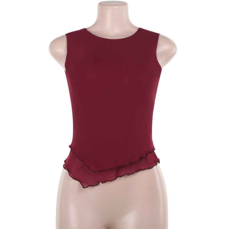 Spring Women Clothing Casual Wild Vest Mesh round Neck Top for Women