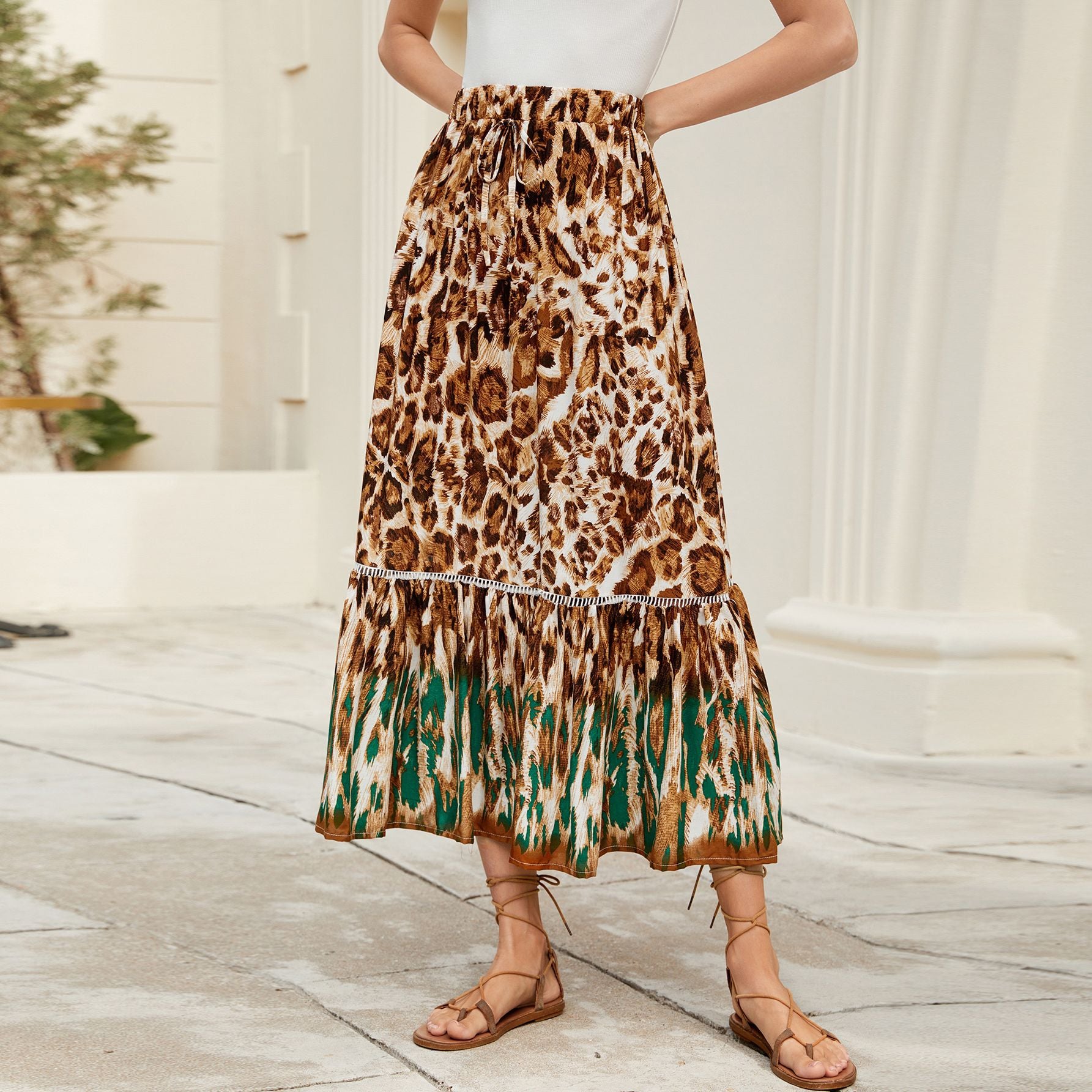 Rayon Leopard Print Elastic Waist Bohemian Beach Vacation Skirt - ALZO