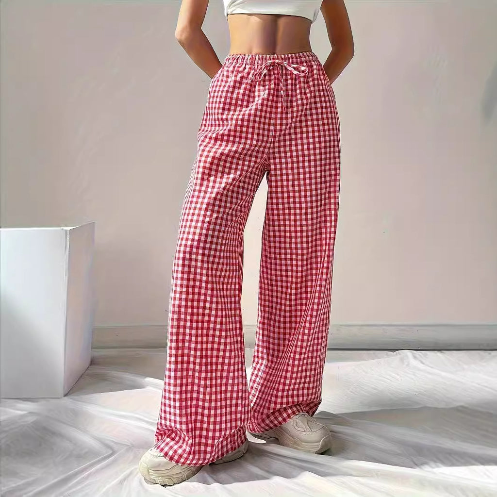 Women Spring Autumn Loose Fitting Pink Plaid Drawstring Casual Wide Leg Pants - ALZO