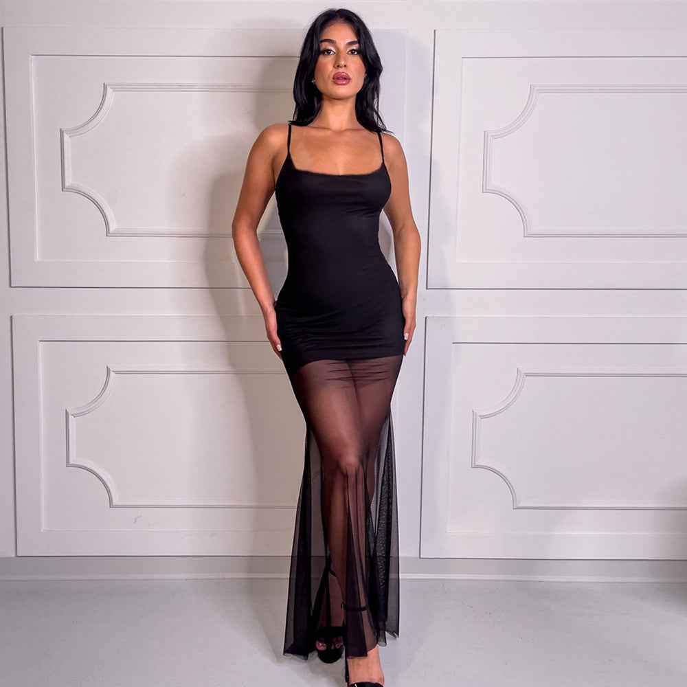 Women Clothing Autumn Cocktail Party Dinner High Mesh Double Layer U Collar Sexy Sling Slim Fit Dress
