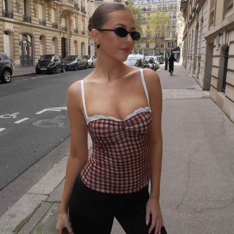 Women Clothing Summer Plaid Printed Lace Splicing Sling Small Tank Top