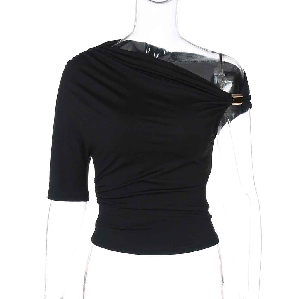 Women Clothing Solid Color Single Sleeve off the Shoulder Asymmetric Pleated Crop Top Tight Fitting T shirt Top