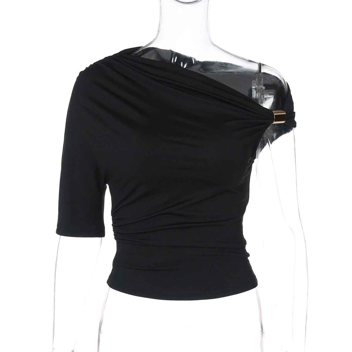 Women Clothing Solid Color Single Sleeve off the Shoulder Asymmetric Pleated Crop Top Tight Fitting T shirt Top