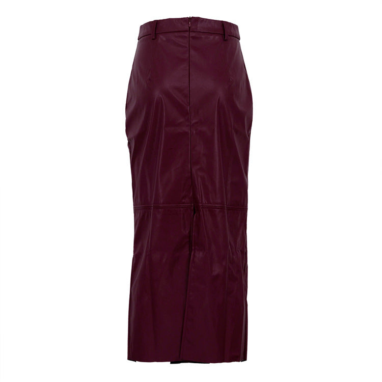 Women Clothing High Waist Split Skirt Women Faux Leather Wine Red Long Sheath Skirt - ALZO
