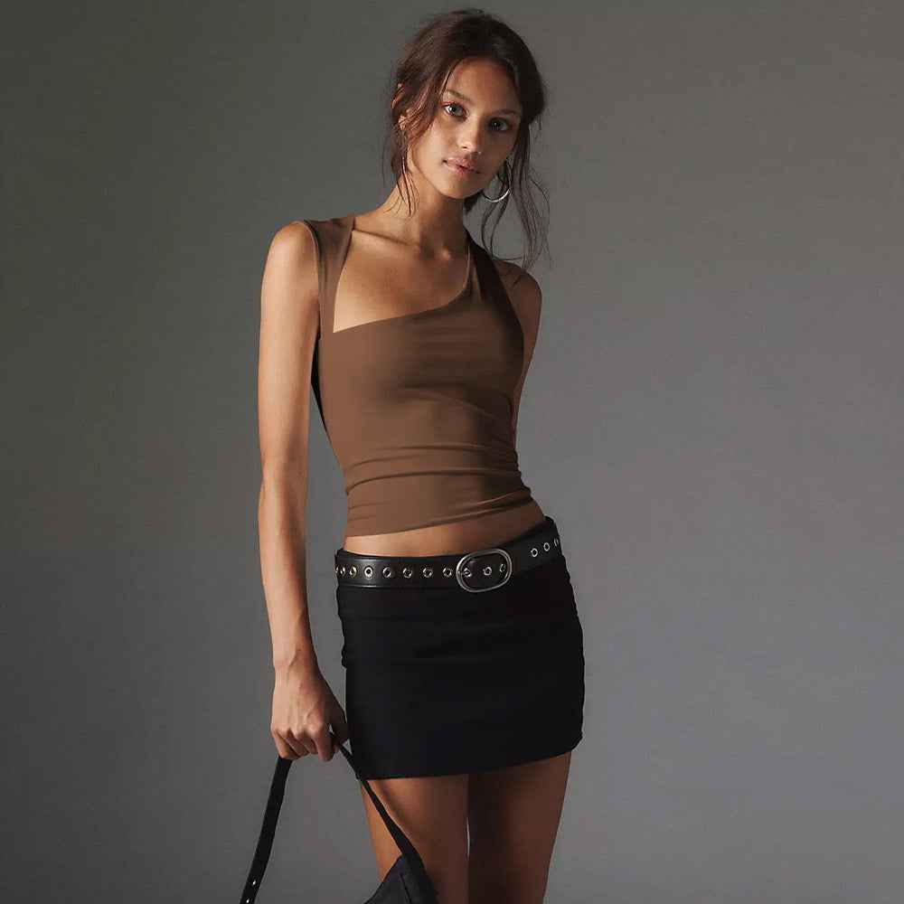 Spring Summer Irregular Asymmetric Neckline Top Sexy Backless T shirt Slim Fit Vest Outer Wear Women