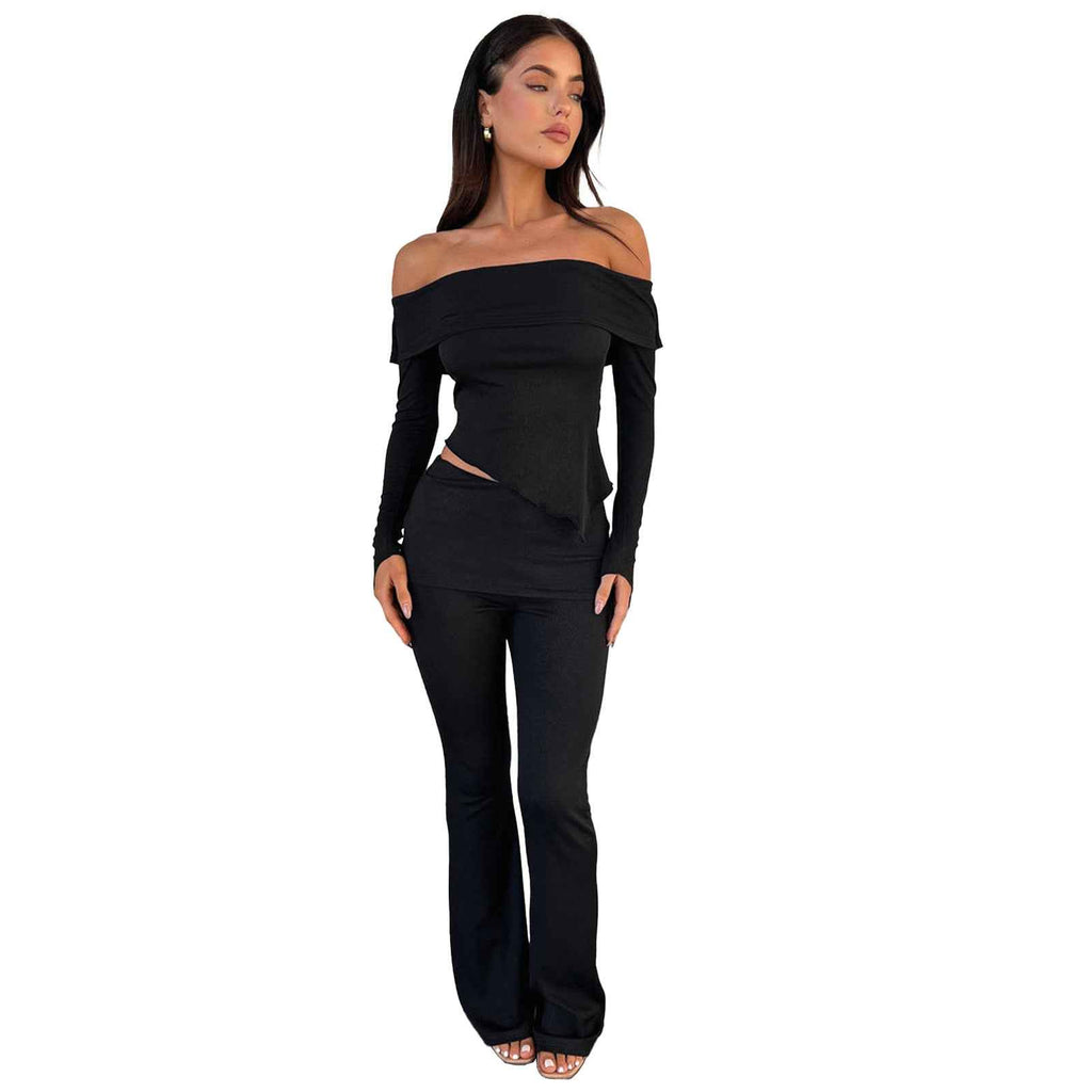 Women Clothing Small Sunken Stripe Irregular Asymmetric off Shoulder Collared Waist Bell Bottom Pants Two Piece Set