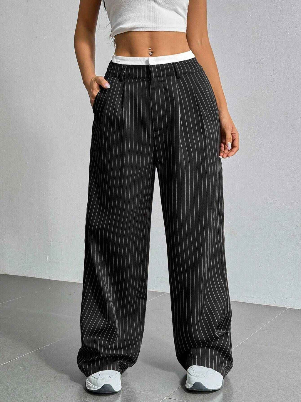 Autumn Winter Casual High Waist Stitching Work Pant Simple Loose Drooping Straight Leg Pants