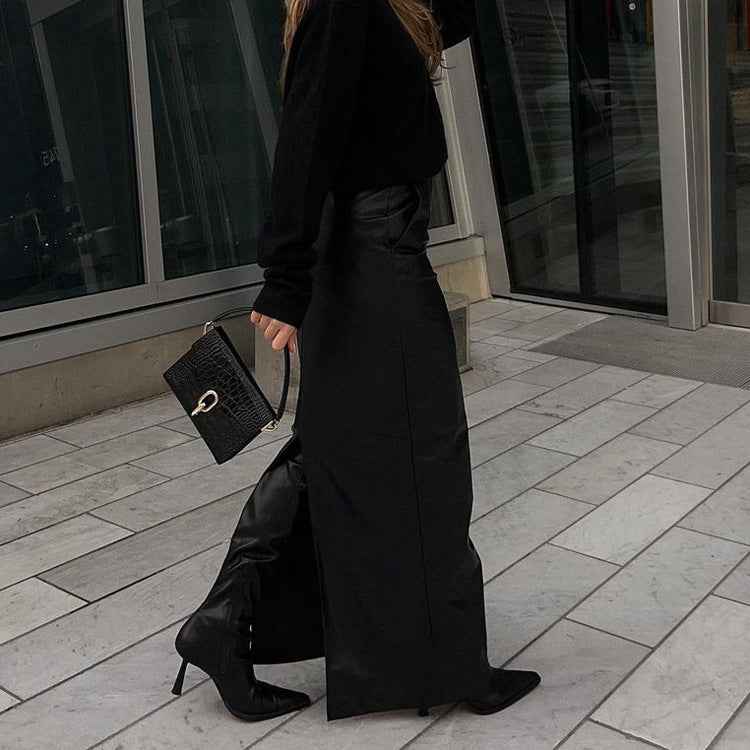 Autumn Winter Women Clothing Black Skirt Trendy Split Faux Leather Skirt Sheath Fishtail Dress