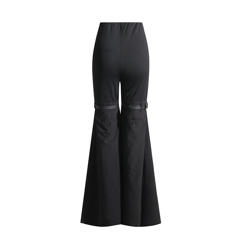 Summer Solid Color Mix Match Belt Stitching Bell Bottom Pants Slimming Slim Trousers Casual Pants for Women - ALZO