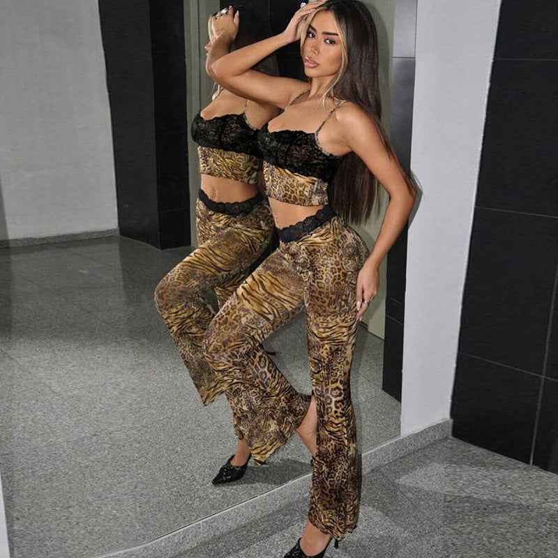 Winter Women Clothing Sexy Leopard Splicing Lace Design Suspenders Slimming Sheath Trousers Set