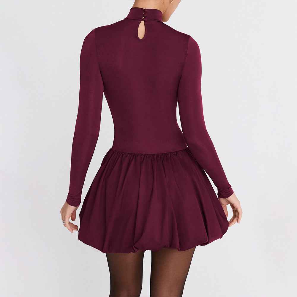 Elegant Slim Fit Women Dress Sexy Turtleneck Long Sleeved Tight Waist Pleated A line Dress