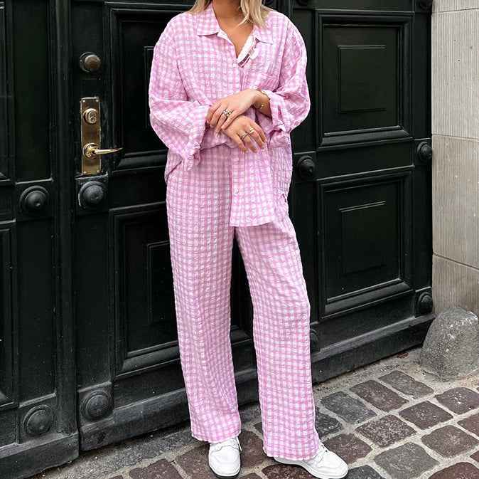 Autumn Winter Pink Plaid Loose Casual Office Two Piece Set for Women