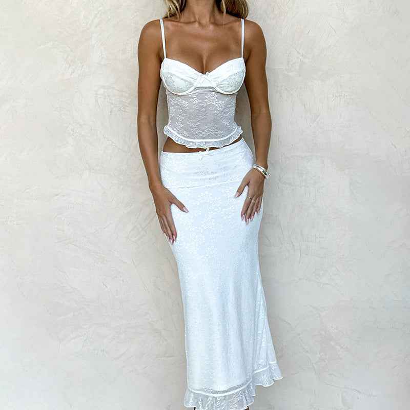Spring Women Clothing Sexy V neck Backless Lace Camisole Sheath Skirt Set