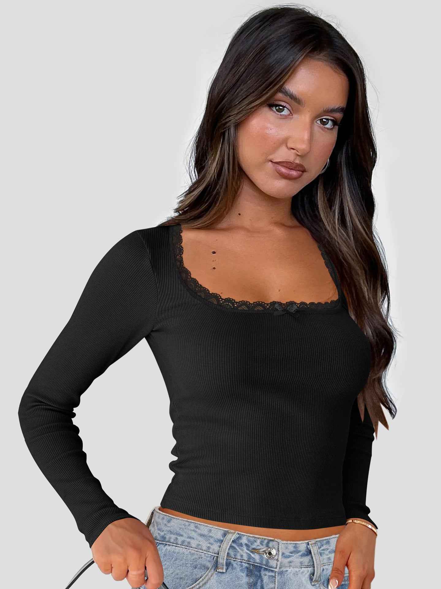 Long Sleeved T Shirt Women Brand Slimming Slim Lace Stitching Sexy Top U Neck Bottoming Shirt