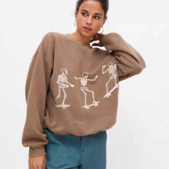 Autumn Winter Women Wear Long Sleeve Solid Color Skull Skateboard Printing Loose Casual Long Sleeves