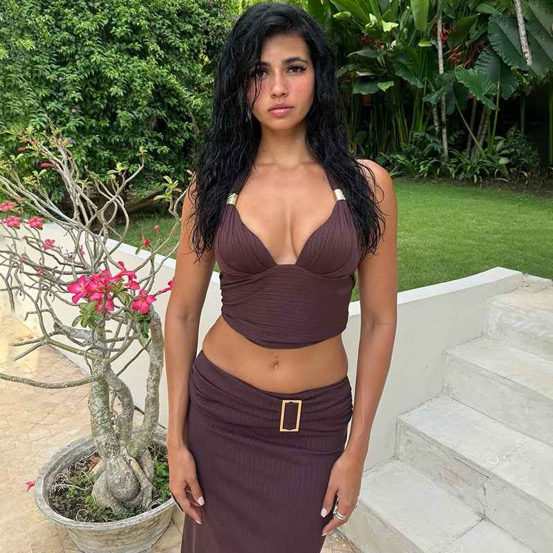 Summer Metal Tube V neck Halter Backless Lace up Vest Belt Buckle Beveled Edge Two Piece Sets