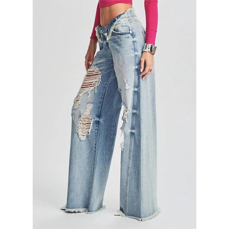 Ladies Jeans Ripped Irregular Asymmetric Side Turn Waist Wide Leg Trousers Women - ALZO
