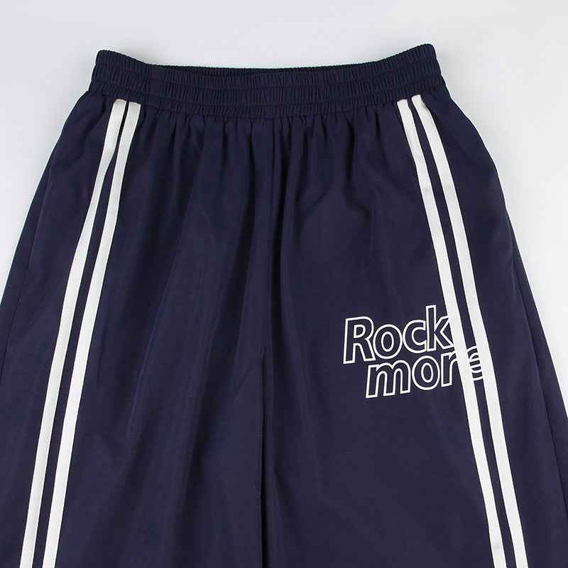 High Street Sweet Cool Ribbon Stitching Printing Elastic Waist Loose Wide Leg Casual Sports Trousers Summer