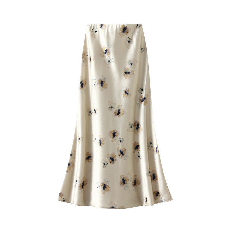 High Grade Satin Skirt Women Summer Printed Fishtail Skirt Slim Fit Mid Length Dress - ALZO