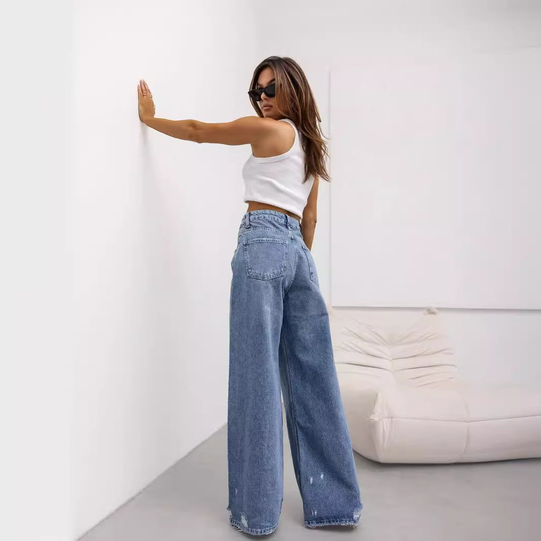 Retro Straight Ripped Jeans Women Summer Wide Leg Pants - ALZO